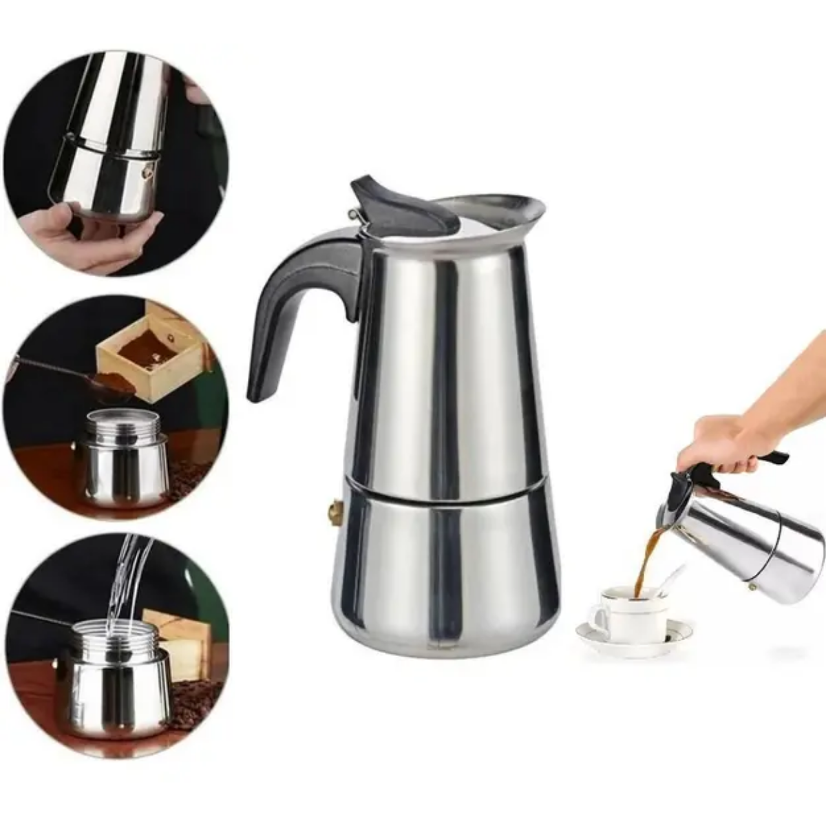 Cafetera Moka Italiana de 6 Tazas | Espresso Manual en Acero Inoxidable