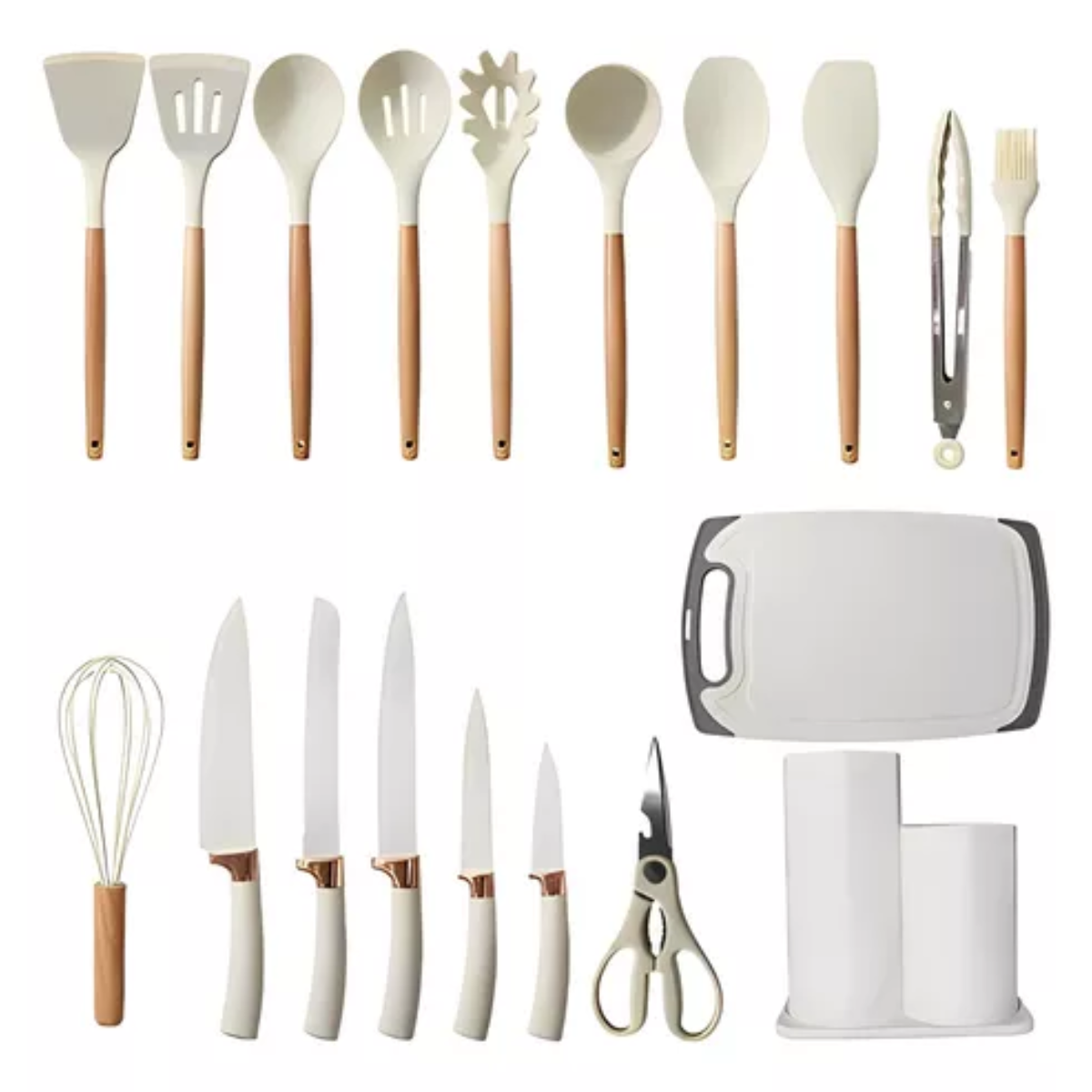 Set de Utensilios de Cocina x19 Piezas | Silicona Antiadherente con Mangos de Madera y Cuchillos Profesionales
