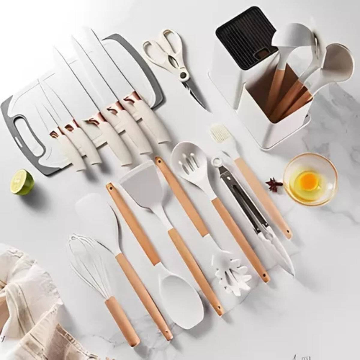 Set de Utensilios de Cocina x19 Piezas | Silicona Antiadherente con Mangos de Madera y Cuchillos Profesionales