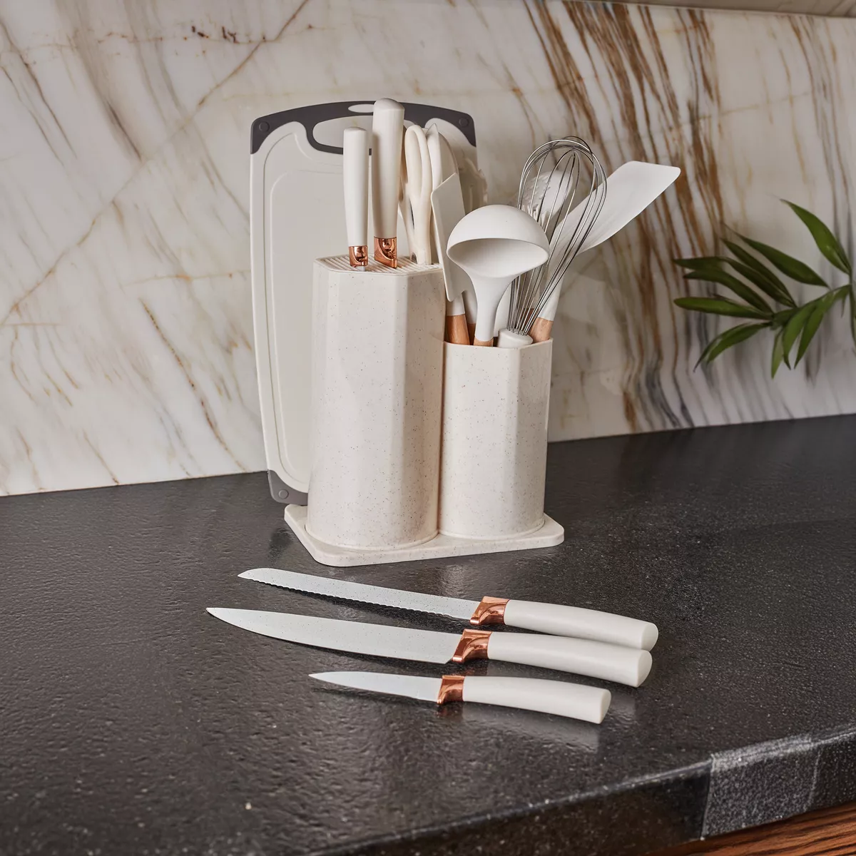 Set de Utensilios de Cocina x19 Piezas | Silicona Antiadherente con Mangos de Madera y Cuchillos Profesionales
