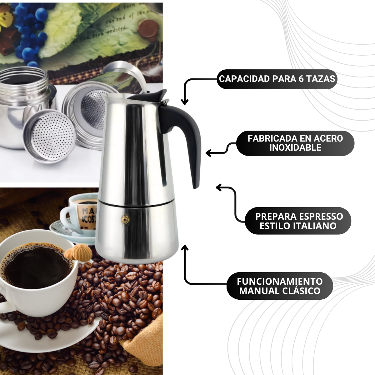 Cafetera Moka Italiana de 6 Tazas | Espresso Manual en Acero Inoxidable