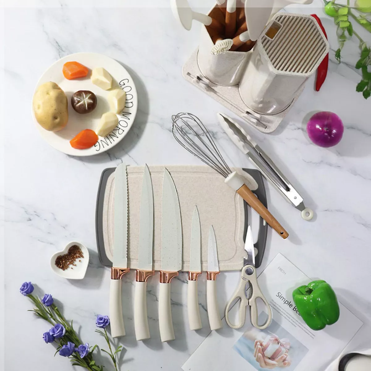 Set de Utensilios de Cocina x19 Piezas | Silicona Antiadherente con Mangos de Madera y Cuchillos Profesionales