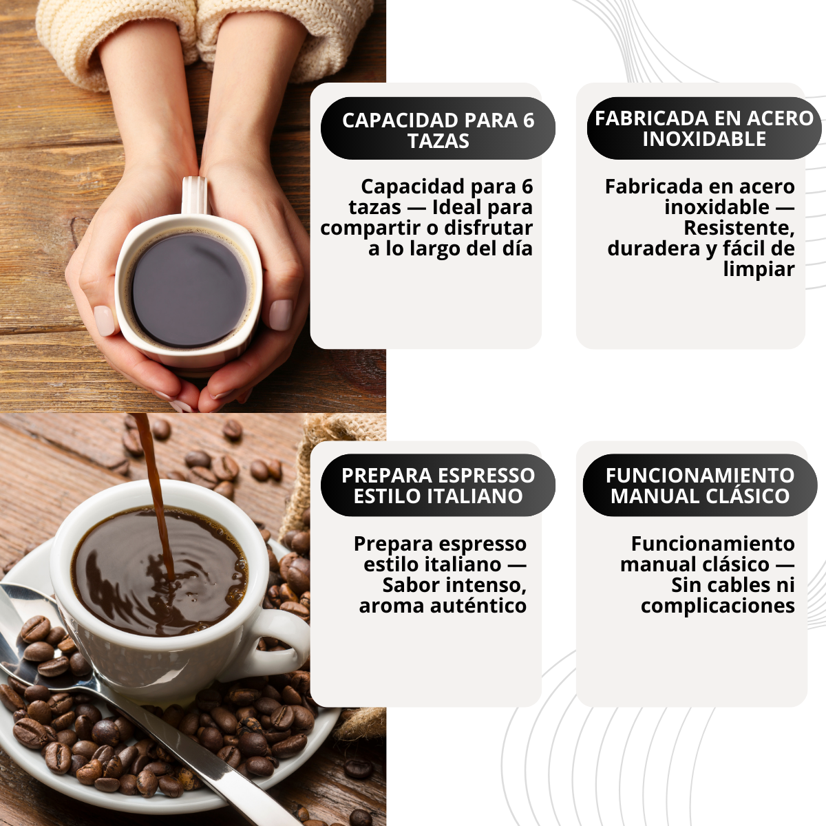 Cafetera Moka Italiana de 6 Tazas | Espresso Manual en Acero Inoxidable