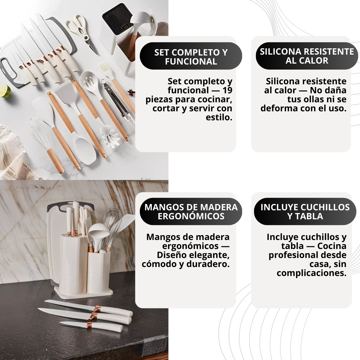 Set de Utensilios de Cocina x19 Piezas | Silicona Antiadherente con Mangos de Madera y Cuchillos Profesionales
