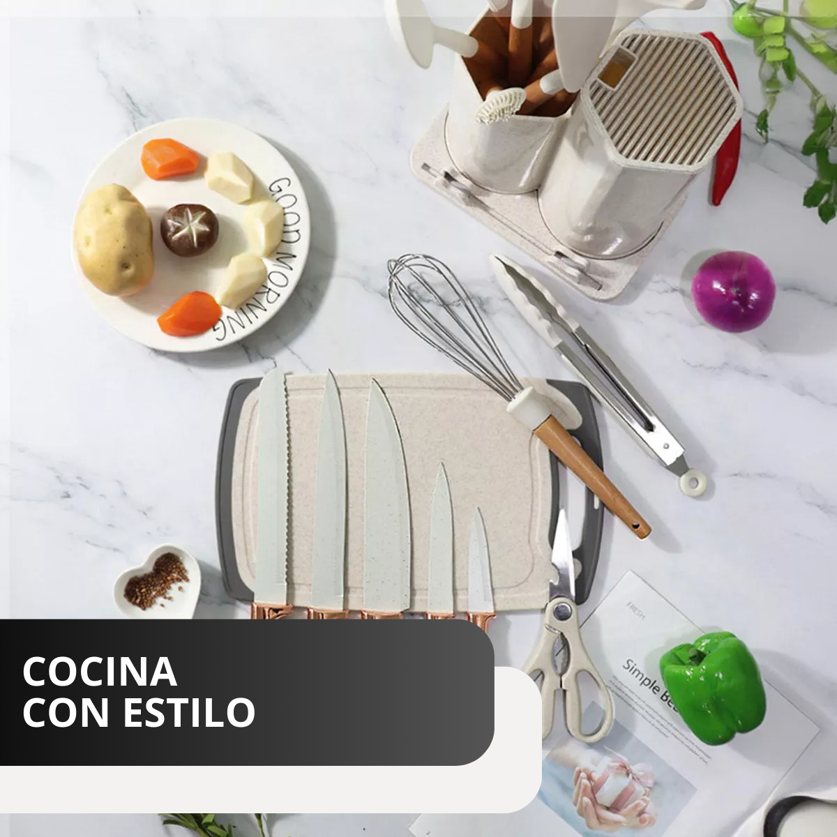 Set de Utensilios de Cocina x19 Piezas | Silicona Antiadherente con Mangos de Madera y Cuchillos Profesionales