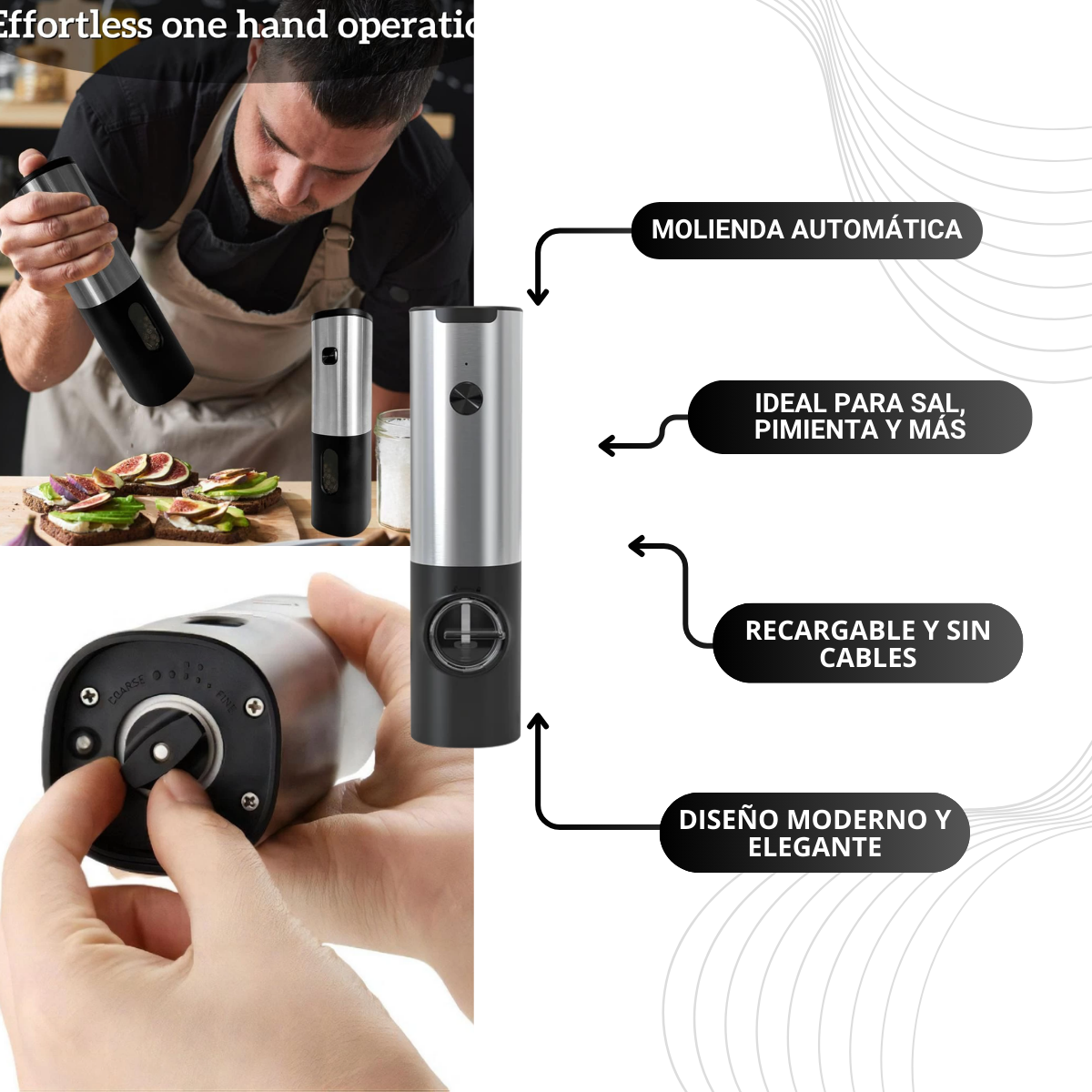 Molinillo Eléctrico Recargable de Pimienta y Sal | Moledor Automático con Botón Único