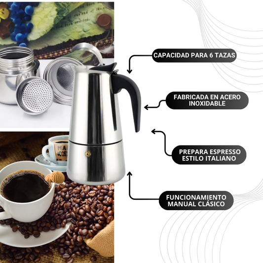 Cafetera Moka Italiana de 6 Tazas | Espresso Manual en Acero Inoxidable
