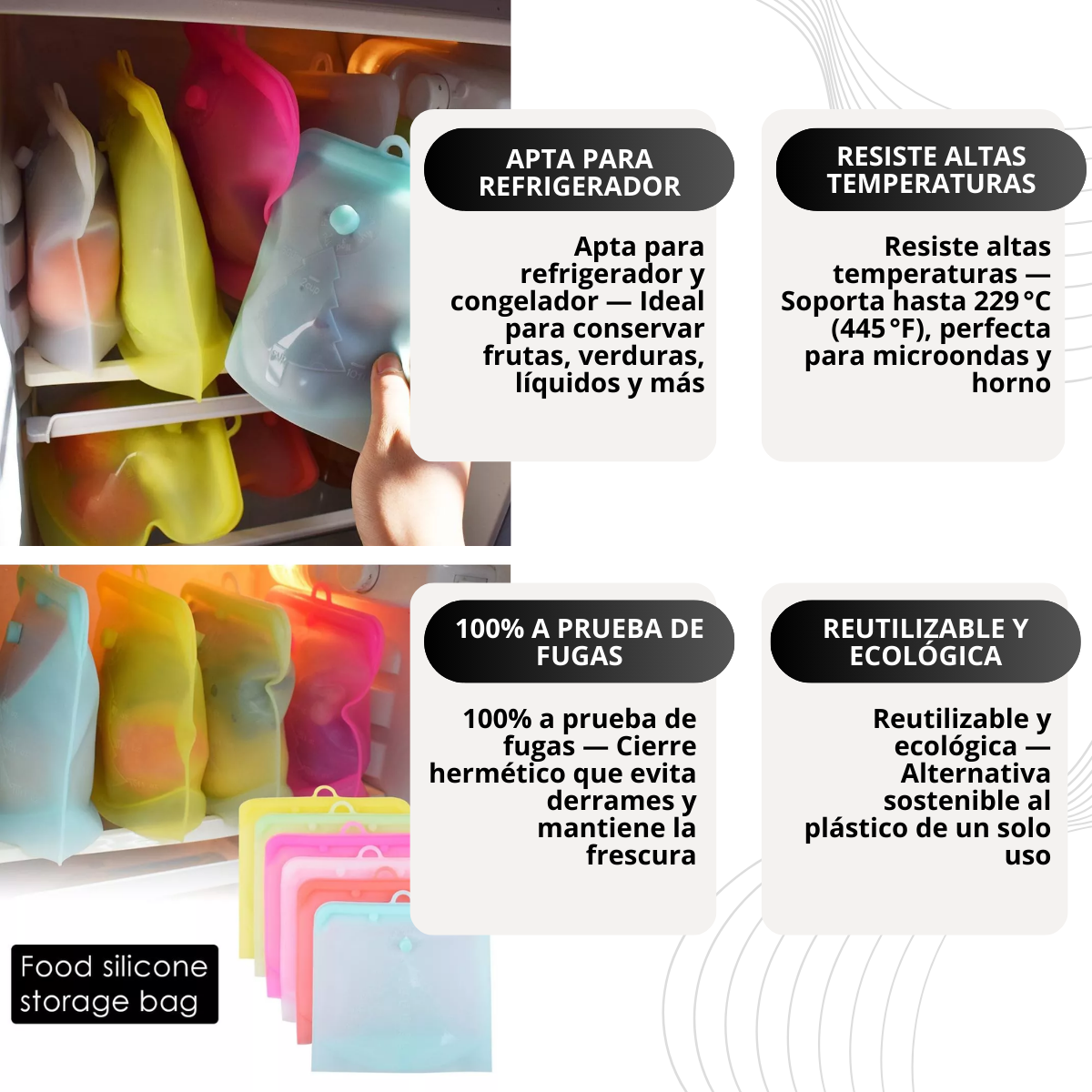 Bolsa Hermética Reutilizable de Silicona 500 ml x1 | Conservación de Alimentos Pd57